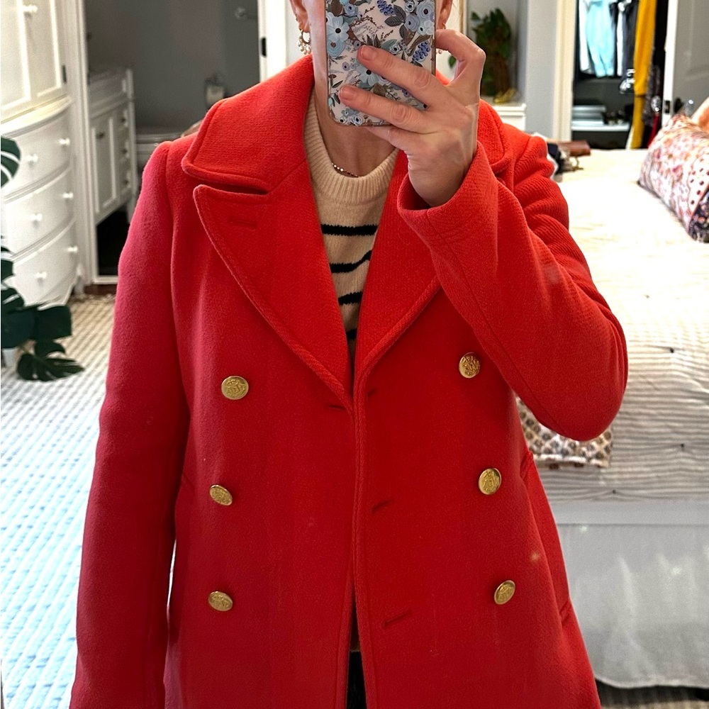 JCrew Women's Double-Breasted Stadium Cloth Pea Coat Red